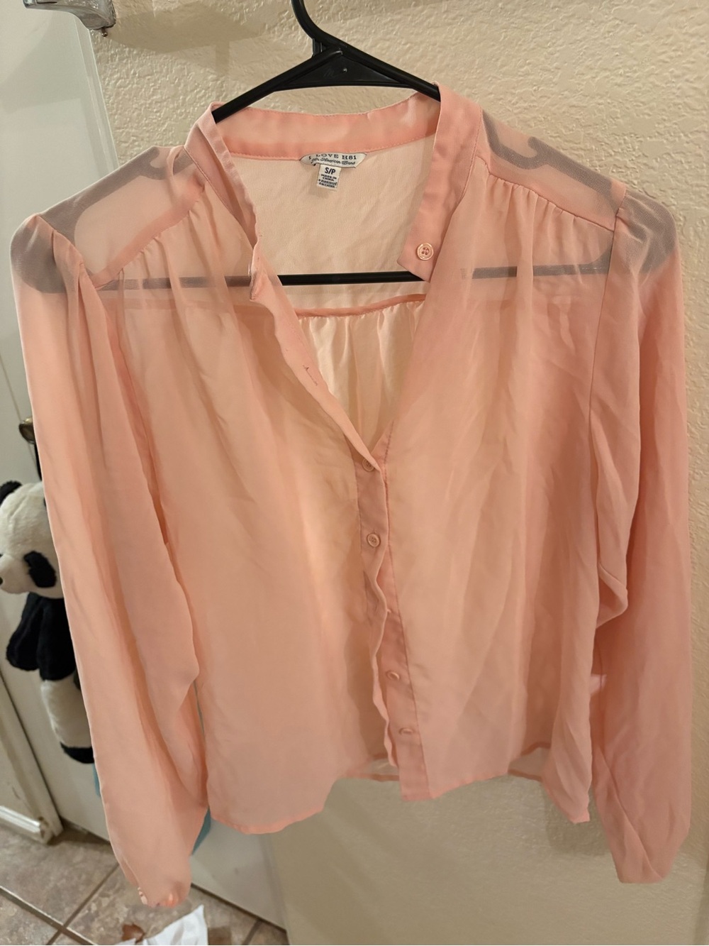 Love H81 Sheer Peach Button-Up Blouse with Band Collar